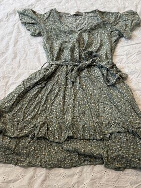 NAVINS Sage Green Floral Cottagecore Ruffle Mini Dress Size Small